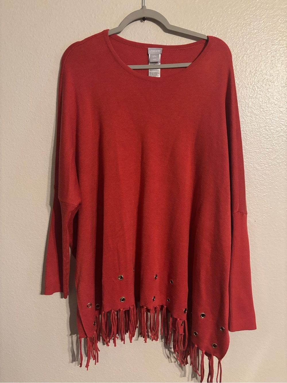 Chico's Red Crewneck Sweater Poncho with Grommet and Fringe Detail